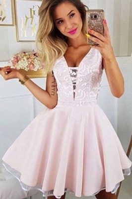 Sexy Deep V Neck White Appliques Homecoming Dress |   Sleeveless Short Pink Homecoming Dress_1