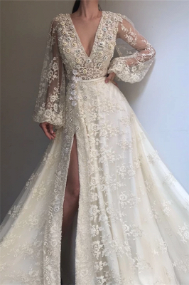 Robe de bal exquise en tulle avec dentelle et perles à manches longues | Robe de bal sexy fendue avec perles et encolure en V_1