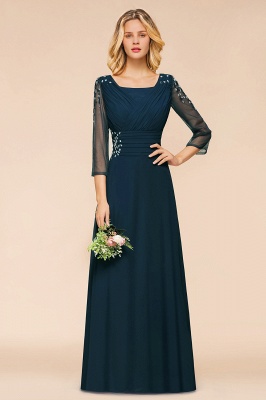 3/4 Sleeves Dark Navy Chiffon Floor -Length Aline Bridesmaid Dresses with Beadings