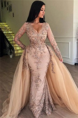 Sexy Mermaid V-neck Long Sleeves Appliqued Prom Dresses with Detachable Skirt_1