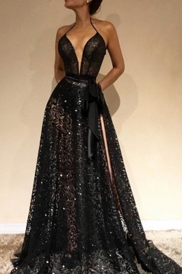 Sexy Sheer Evening Gowns | Halter Slit Prom Dresses with Sash_2