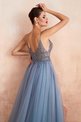 Stunning Spaghetti Straps Beadings Long Evening Dress Tulle V-Neck Side Split Prom Dress_23