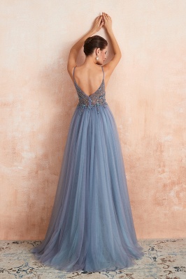 Stunning Spaghetti Straps Beadings Long Evening Dress Tulle V-Neck Side Split Prom Dress_5