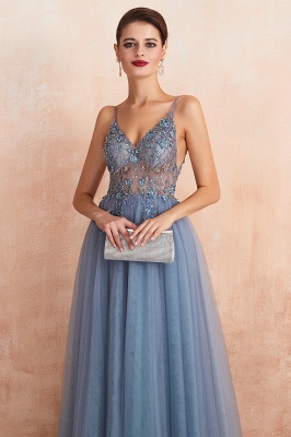 Stunning Spaghetti Straps Beadings Long Evening Dress Tulle V-Neck Side Split Prom Dress_21