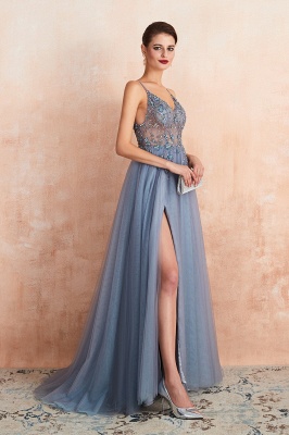 Stunning Spaghetti Straps Beadings Long Evening Dress Tulle V-Neck Side Split Prom Dress_4