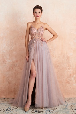 Stunning Spaghetti Straps Beadings Long Evening Dress Tulle V-Neck Side Split Prom Dress_8