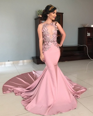 Sheer Tulle Pink Lace Appliques Prom Dresses | Mermaid Sleeveless Sexy Evening Gowns with Court Train_3