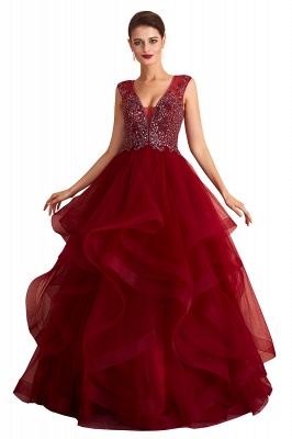 Incroyable Deep V-Neck Burgundy Layers Tulle Robe de soirée longue Sparkly Beadings Sequins Party Dress_1