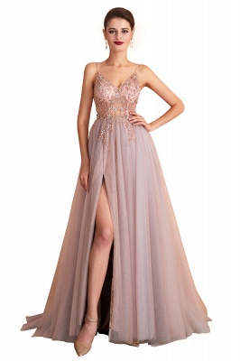 Stunning Spaghetti Straps Beadings Long Evening Dress Tulle V-Neck Side Split Prom Dress_1