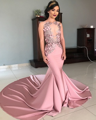 Sheer Tulle Pink Lace Appliques Prom Dresses | Mermaid Sleeveless Sexy Evening Gowns with Court Train_2