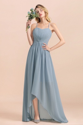 Halter Ruched Chiffon Hi-Lo Dusty Blue Bridesmaid Dress Sleeveless Wedding Guest Dress_1