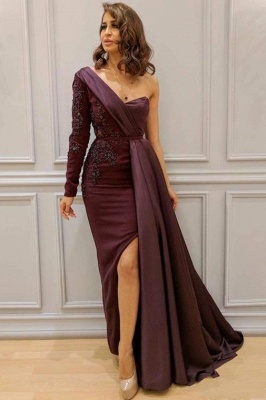 One-shoulder Appliqued Sheath Slit Evening Maxi Dresses_1