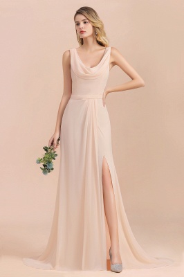 Elegant Champagne Soft Chiffon Long Bridesmaid Dress with Front Slit_1