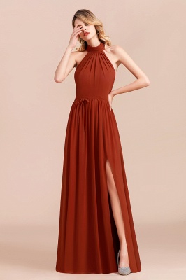 Elegant Halter Rust Long Chiffon Bridesmaid Dresses with Front Slit_5