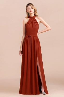 Elegant Halter Rust Long Chiffon Bridesmaid Dresses with Front Slit_1