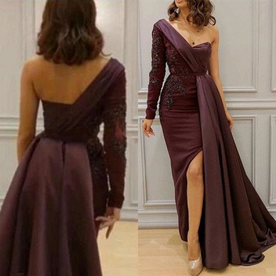 One-shoulder Appliqued Sheath Slit Evening Maxi Dresses_3