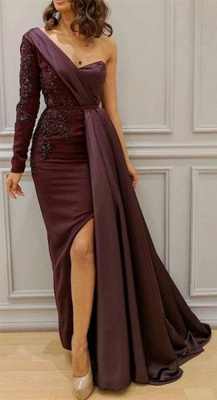 One-shoulder Appliqued Sheath Slit Evening Maxi Dresses_4