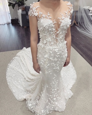 Floral Sheer Tulle Appliques Mermaid Wedding Dresses | Sleeveless Bridal Gowns With Detachable Train_2