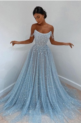 Beautiful Long A-line Sweetheart Sequined Prom Dress Off Shoulder Sky Blue Long Evening Dress_1