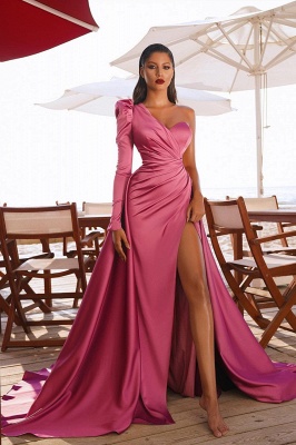 Sexy one shoulder satin prom gown side split party dress_1