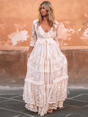 Boho Wedding Dress Suit 2021 V Neck Floor Length Lace Multilayer Bridal Gown Dress And Outfit_1