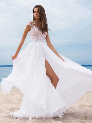 Boho Brautkleider 2021 Chiffon V-Ausschnitt Kurze Ärmel A-Linie Split Front Brautkleider für Strandhochzeit_3