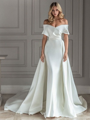 Robe de mariée vintage blanche avec train en satin sur l'épaule robe de mariée plissée sirène robes de mariée_1