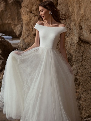 White Simple Wedding Dress A-Line Bateau Neck Off-Shoulder Sleeveless ...