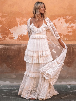 Boho Wedding Dress Suit 2021 V Neck Floor Length Lace Multilayer Bridal Gown Dress And Outfit_2