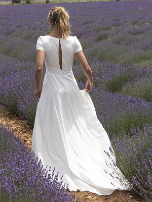 Wedding Dress With Train V Neck Short Sleeves Buttons Floor Length Bridal Dresses_3