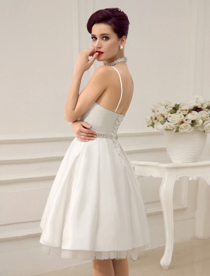 Vintage Spaghetti Straps Backless Satin Short Wedding Dress With Pearls At Waist Exclusive_5