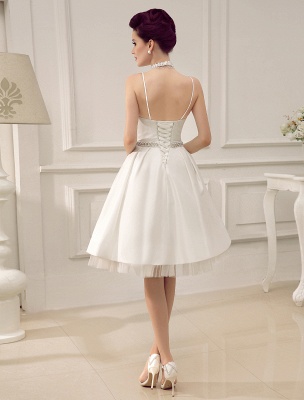 Vintage Spaghetti Straps Backless Satin Short Wedding Dress With Pearls At Waist Exclusive_4