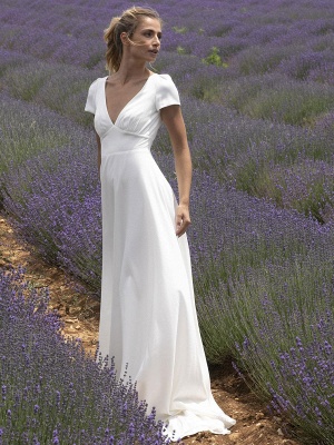 Wedding Dress With Train V Neck Short Sleeves Buttons Floor Length Bridal Dresses_2