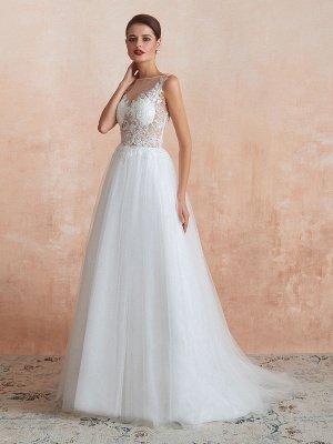 Vestido de novia 2021 Una línea sin mangas de encaje hasta el suelo vestidos de novia de tul con tren_2