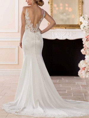 White Simple Wedding Dress Mermaid V-Neck Sleeveless Backless Natural Waist Lace Bridal Gowns_3