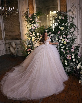 Gorgeous Puffy Sleeves Tulle Ball Gown Princess Sparkly Sequins Bridal Gown_2