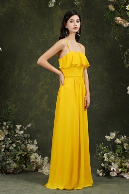 Vestido amarillo sin mangas con volantes hasta el suelo para invitadas a la boda_6