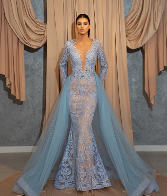 Sky Blue Long Sleeves Mermaid Prom Dress with Detachable Train Deep V-Neck Lace Appliques Party Wear Dress_2