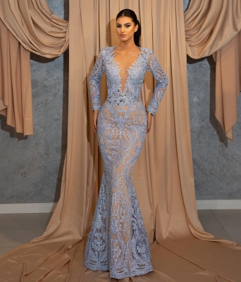 Sky Blue Long Sleeves Mermaid Prom Dress with Detachable Train Deep V-Neck Lace Appliques Party Wear Dress_3