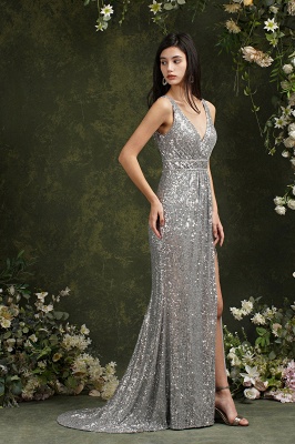 Sexy Slde Slit Prom Dress Glitter Paillettes V-Neck Robe de Soirée_6