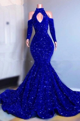 Sexy Glitter Royal Blue Mermaid Prom Dress Halter Party Dress with Sleeves_1