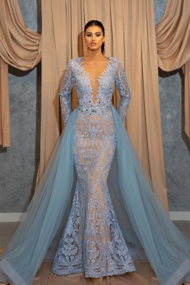 Sky Blue Long Sleeves Mermaid Prom Dress with Detachable Train Deep V-Neck Lace Appliques Party Wear Dress_1