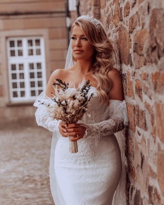 Superbe robe de mariée sirène à épaules dénudées avec appliques en dentelle florale_4