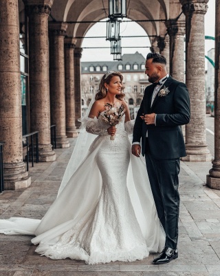 Superbe robe de mariée sirène à épaules dénudées avec appliques en dentelle florale_5