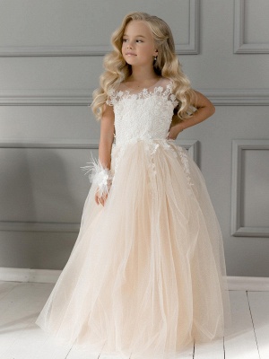 Cute Tulle Champagne Flower Girl Dress Sleevess White Lace Appliques Birthday Party Dress