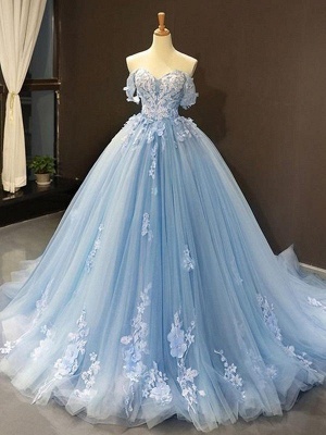 Robe de Quinceanera en dentelle de tulle à épaules dénudées bleu ciel avec motif floral_1