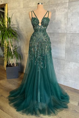 Charmante robe de soirée longue en tulle vert foncé chérie sans manches robe de bal formelle_1