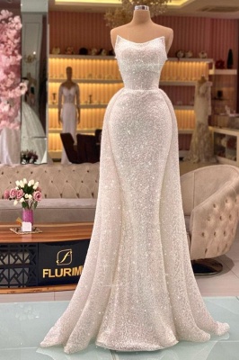 Robe de bal sirène sans bretelles à paillettes scintillantes Robe de soirée longue sans manches avec train de balayage_1