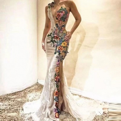 Sleeveless Mermaid Evening Dress with Colorful Floral Pattern Beadings Prom Dress_2