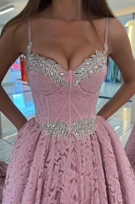 Charming Sweetheart Pink Long Lace Evening Dress with Glitter Beadings Straps_2